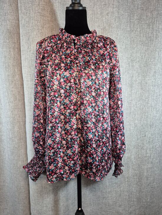 Buddy Love Tops - Buddy Love Floral Ruffle Neck Blouse Small Smocked Cuffs Sheer Long Sleeve Boho